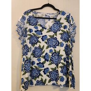 Rachel Zoe Size 2X Blue/Green‎ Floral Rayon Flutter Sleeve Boho Cottagecore top